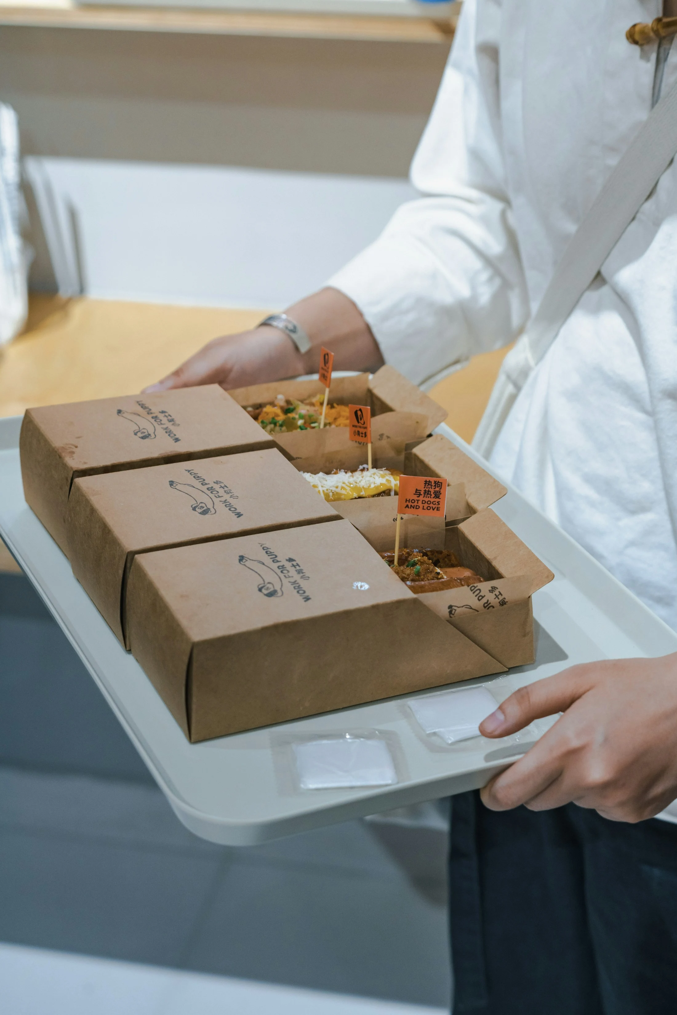 Prepared meals in takeaway boxes being carefully carried